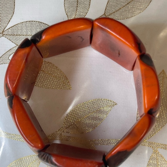 Tagua Nut Wide Stretch Cuff Bracelet Red Orange Rectangular Handmade - Picture 3 of 5